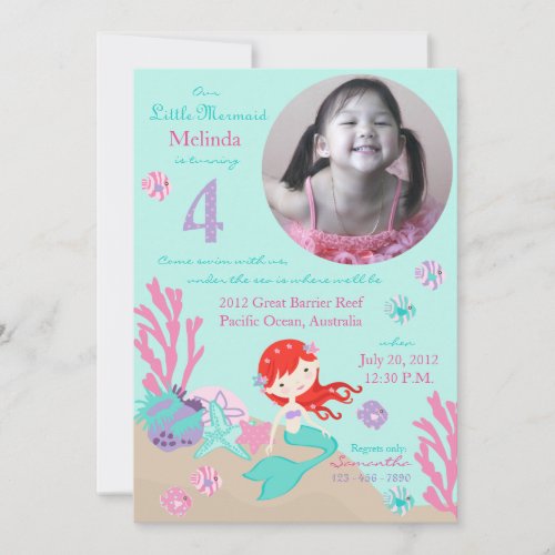 Auburn Mermaid Fourth Birthday Custom Announcements