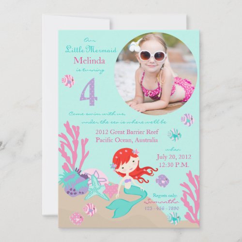 Auburn Mermaid Fourth Birthday Invitation
