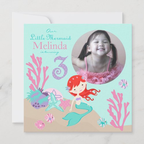 Auburn Mermaid Third Birthday Invitation