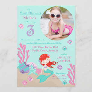 Auburn Mermaid Third Birthday Invitation