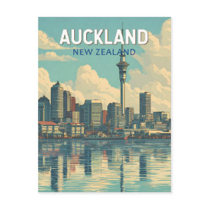 Auckland New Zealand Illustration Travel Art Retro Postcard