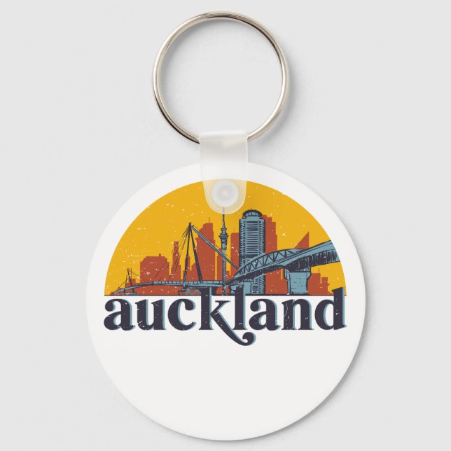 Auckland New Zealand Retro City Skyline Cityscape Keychain (Front)