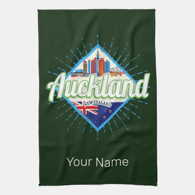 Auckland New Zealand retro skyline vintage Kitchen Towel (Vertical)