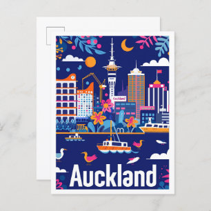 Auckland New Zealand Vintage Travel Illustration Postcard