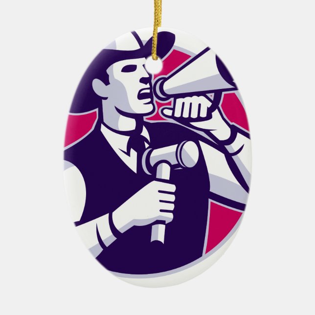 Auctioneer Cowboy With Gavel And Bullhorn Ceramic Ornament (Front)
