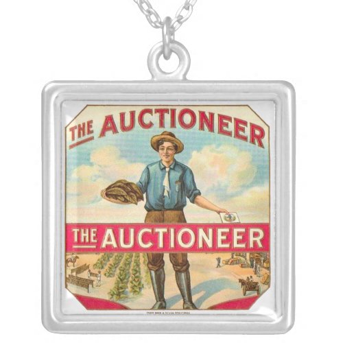 Auctioneer Vintage Cigar Label Auction Silver Plated Necklace