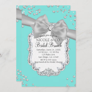 Audrey Blue Big White Bow Diamonds Bridal Shower Invitation