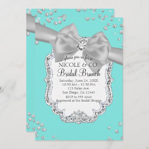 Audrey Blue Big White Bow Diamonds Bridal Shower Invitation