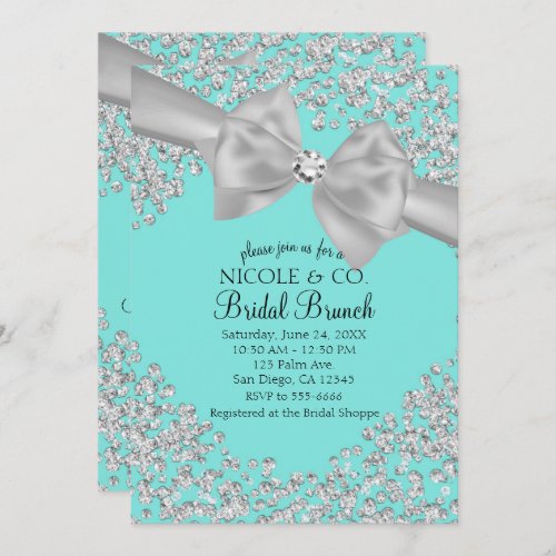 Audrey Blue Big White Bow Diamonds Bridal Shower Invitation