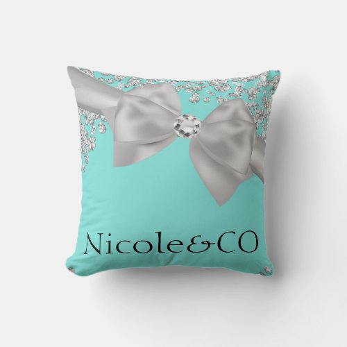 Audrey Blue Big White Bow Diamonds Glam Custom Throw Pillow