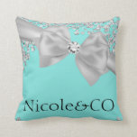 Audrey Blue Big White Bow Diamonds Glam Custom Throw Pillow<br><div class="desc">Customize with or without text.</div>