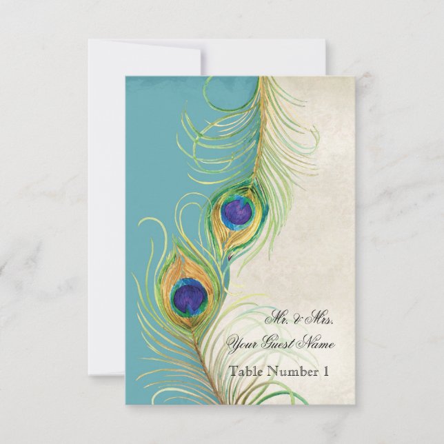Audrey Jeanne Peacock Feather Aqua Damask Invite (Front)