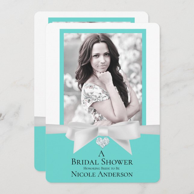 Audrey Teal White Bow Modern Bridal Shower Photo Invitation (Front/Back)