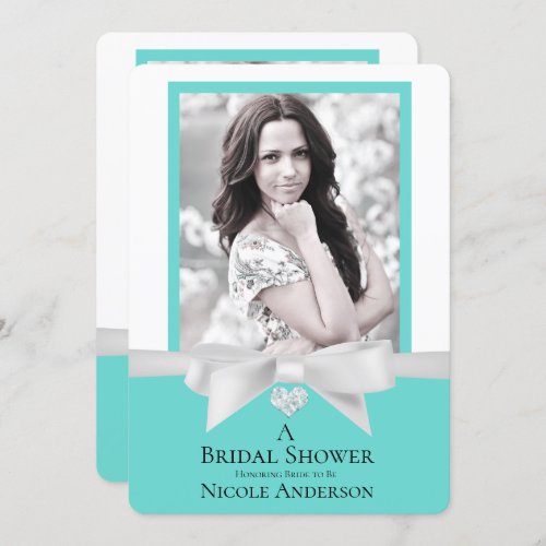 Audrey Teal White Bow Modern Bridal Shower Photo Invitation