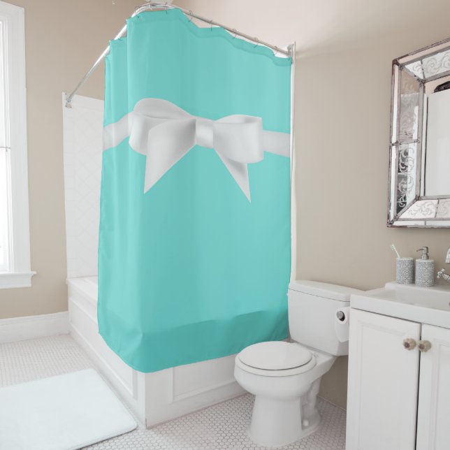 Audrey Teal White Bow Modern Glam Shower Curtain (In Situ)