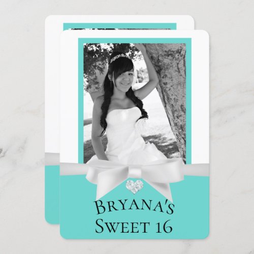 Audrey Teal White Bow Modern Sweet 16 Photo Invitation