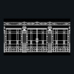 AUDREY'S ART DECO IRONWORK: WHITE on BLACK Poster<br><div class="desc">Audrey's Ironwork is the wrought iron fence and gate design from the background of our Art Deco fashion design "Audrey." The ironwork composition was created using several photos of French Art Deco ironwork pieces - fences, gates, columns, plus a stonework design from the upper edge of a building. Beautiful architectural...</div>