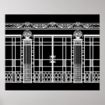 AUDREY'S ART DECO IRONWORK: WHITE on BLACK Poster<br><div class="desc">Audrey's Ironwork is the wrought iron fence and gate design from the background of our Art Deco fashion design "Audrey." The ironwork composition was created using several photos of French Art Deco ironwork pieces - fences, gates, columns, plus a stonework design from the upper edge of a building. Beautiful architectural...</div>