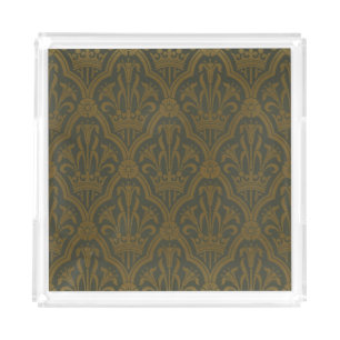 Audsley Vintage Gold Lily Crown Green Damask Art Acrylic Tray