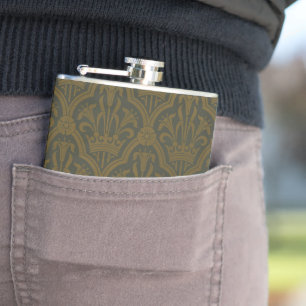 Audsley Vintage Gold Lily Crown Green Damask Art Flask