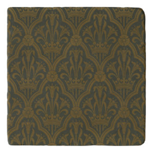 Audsley Vintage Gold Lily Crown Green Damask Art Trivet