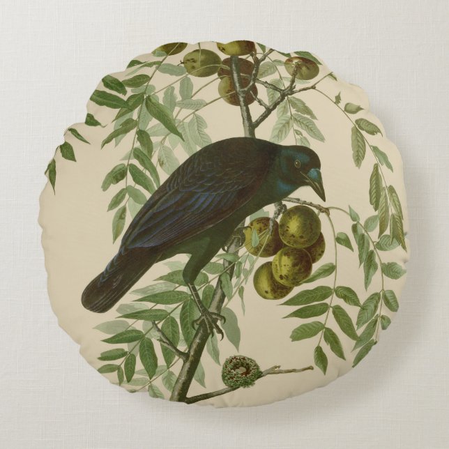 Audubon American Crow Black Bird Round Pillow (Front)