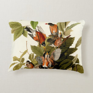 Audubon American Robin Wildlife Bird Illustration Accent Pillow