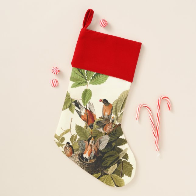 Audubon American Robin Wildlife Bird Illustration Christmas Stocking (Front)