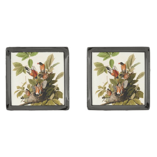 Audubon American Robin Wildlife Bird Illustration Cufflinks (Front)