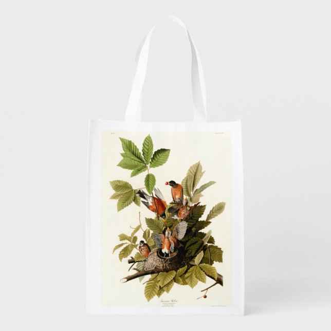 Audubon American Robin Wildlife Bird Illustration Grocery Bag (Back)