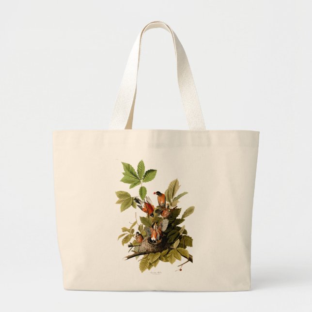 Audubon American Robin Wildlife Bird Illustration Large Tote Bag (Front)