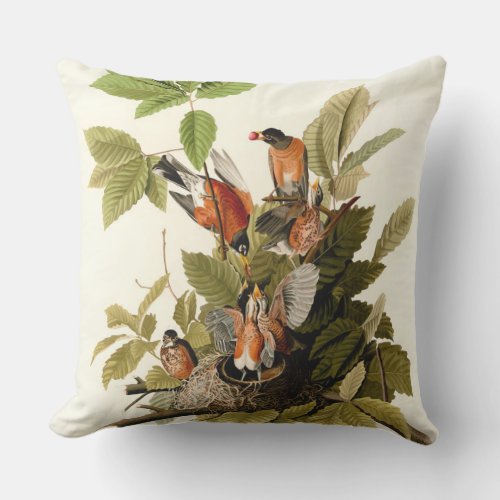 Audubon American Robin Wildlife Bird Illustration Outdoor Pillow