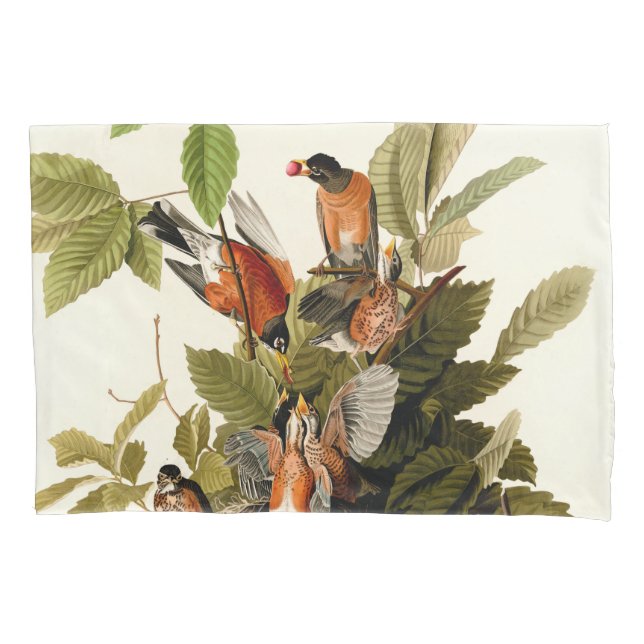 Audubon American Robin Wildlife Bird Illustration Pillow Case (Front)