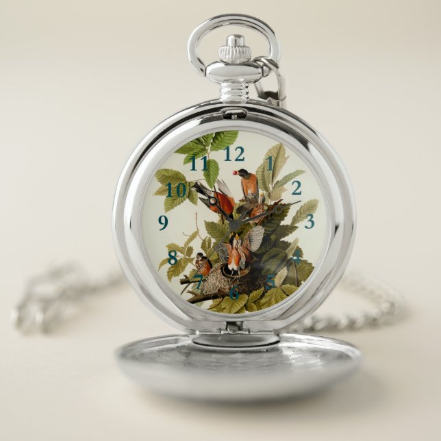 Audubon American Robin Wildlife Bird Illustration Pocket Watch (Inside)