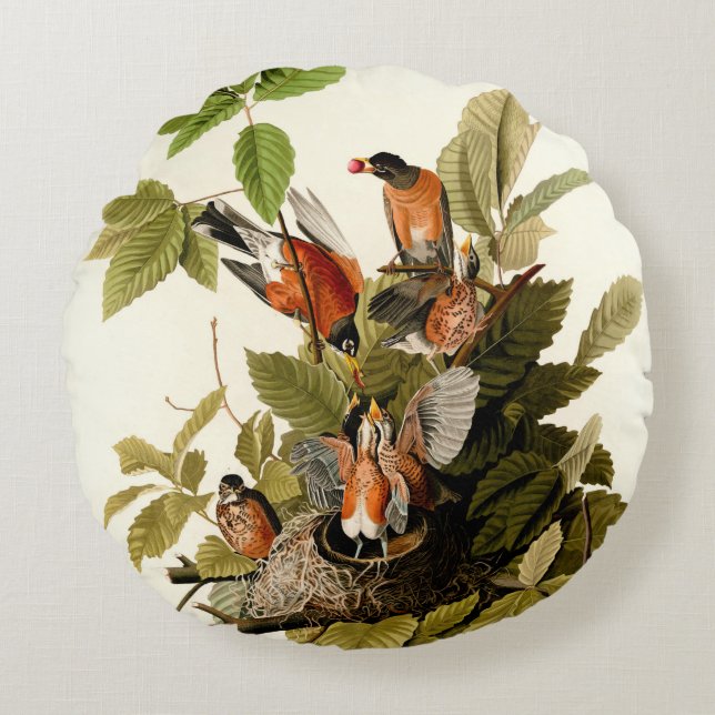 Audubon American Robin Wildlife Bird Illustration Round Pillow (Front)