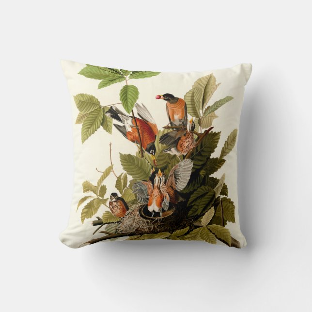 Audubon American Robin Wildlife Bird Illustration Throw Pillow (Front)