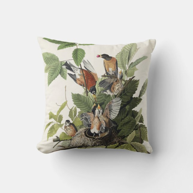 Audubon American Spring Robin Bird Illustration Throw Pillow (Front)
