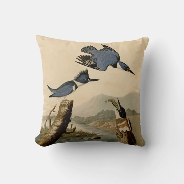 Audubon Belted Kingfisher Wildlife Bird Throw Pillow (Front)