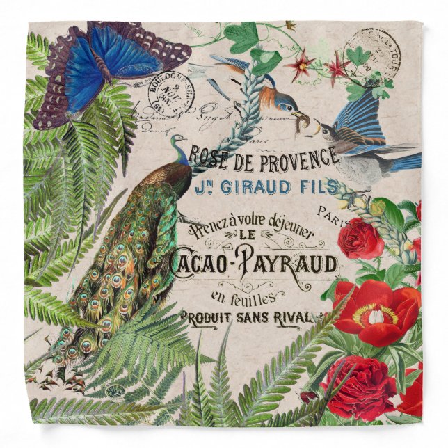 Audubon Bluebird Bird Rose Flower Peacock Bandana (Front)
