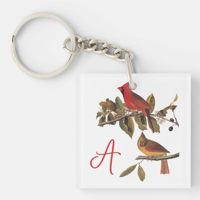 Audubon Cardinal Pair in Wild Almond Tree Keychain (Front)