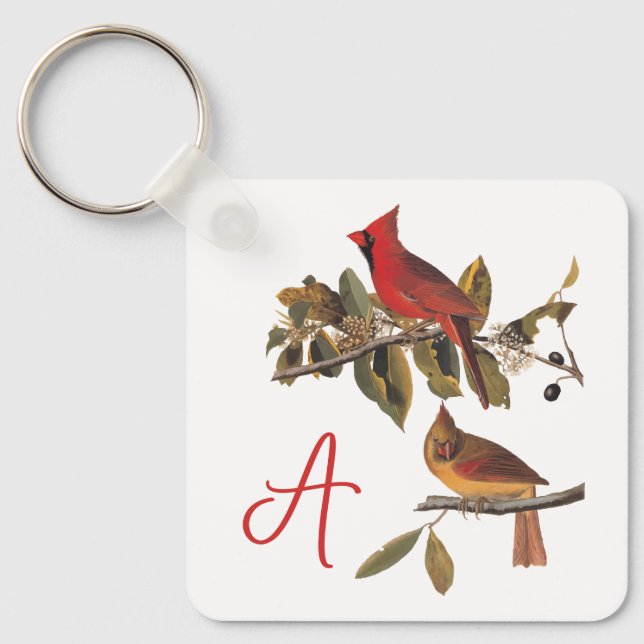 Audubon Cardinal Pair in Wild Almond Tree Keychain (Front)