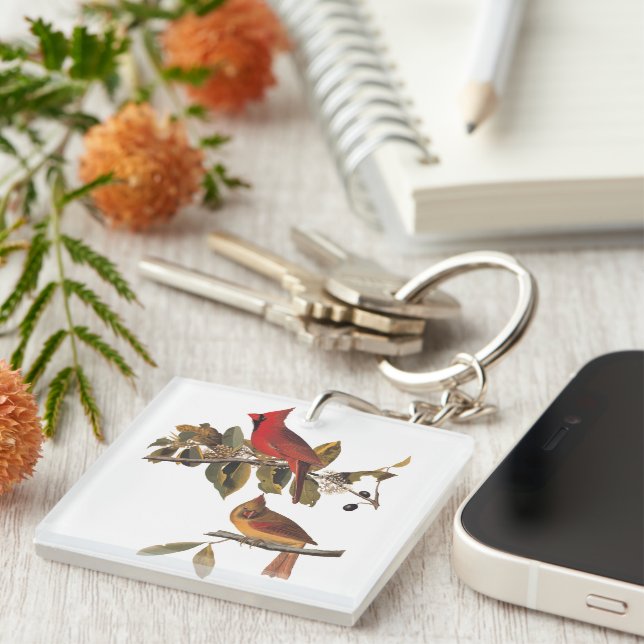 Audubon Cardinal Pair in Wild Almond Tree  Keychain (Front Right)