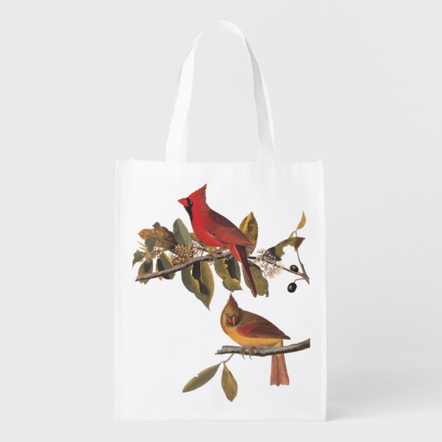 Audubon Cardinal Pair in Wild Almond Tree Reusable Grocery Bag (Front)