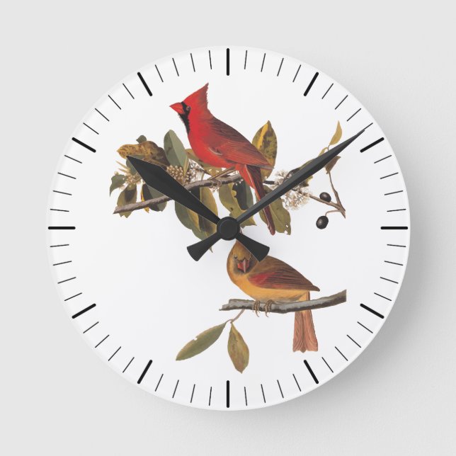 Audubon Cardinal Pair in Wild Almond Tree Round Clock (Front)