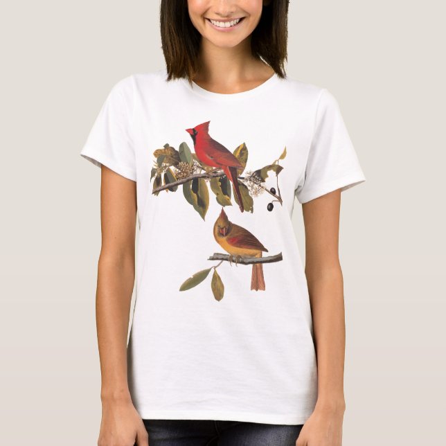 Audubon Cardinal Pair in Wild Almond Tree T-Shirt (Front)