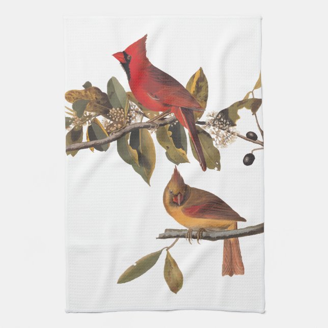 Audubon Cardinal Pair in Wild Almond Tree Towel (Vertical)