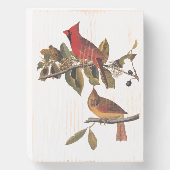 Audubon Cardinal Pair in Wild Almond Tree Wooden Box Sign (Front Vertical)