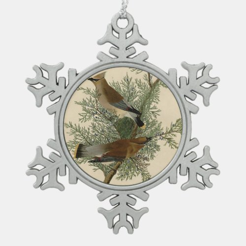 Audubon Cedar Waxwing Bird Snowflake Pewter Christmas Ornament