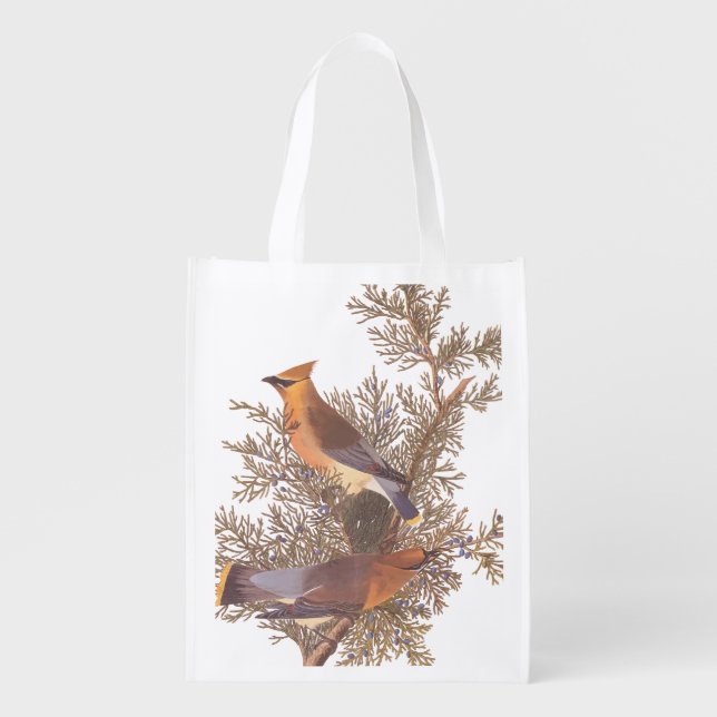 Audubon Cedar Waxwing Songbirds in Juniper  Grocery Bag (Front)