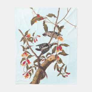 Audubon Downy Woodpecker Couple with Flowers Fleece Blanket